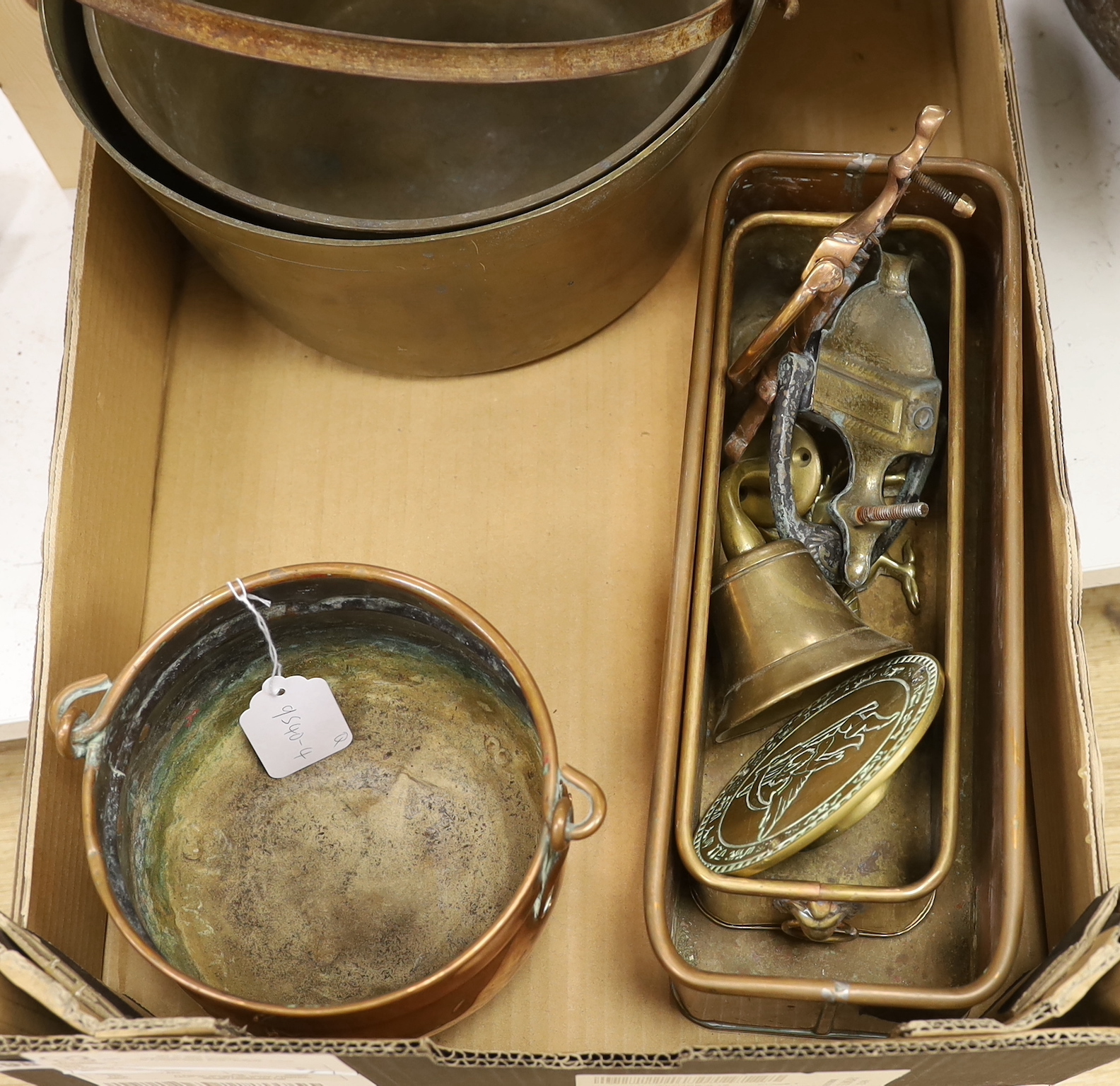 Two brass preserve pans, copper / brass planters, door knockers, etc.